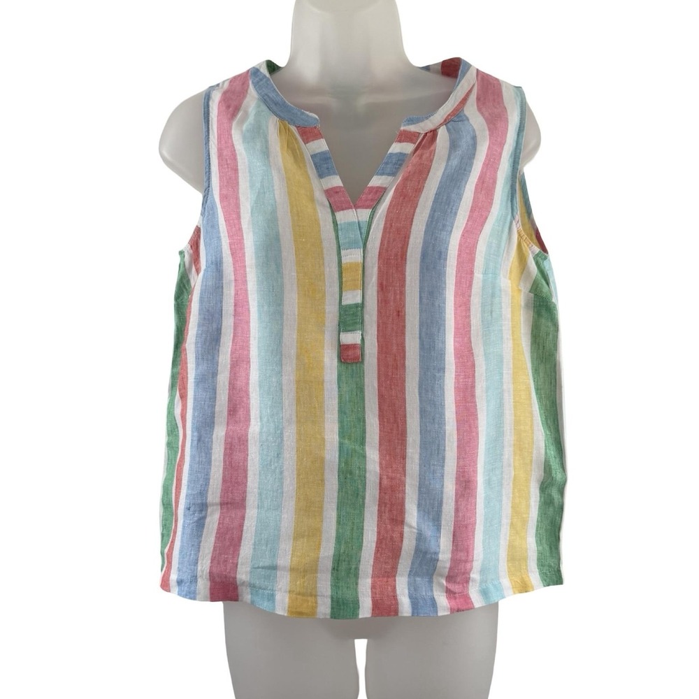 Talbots Blouse Womens SP Petite Multicolor V Neck‎ Sleeveless Linen Striped Top